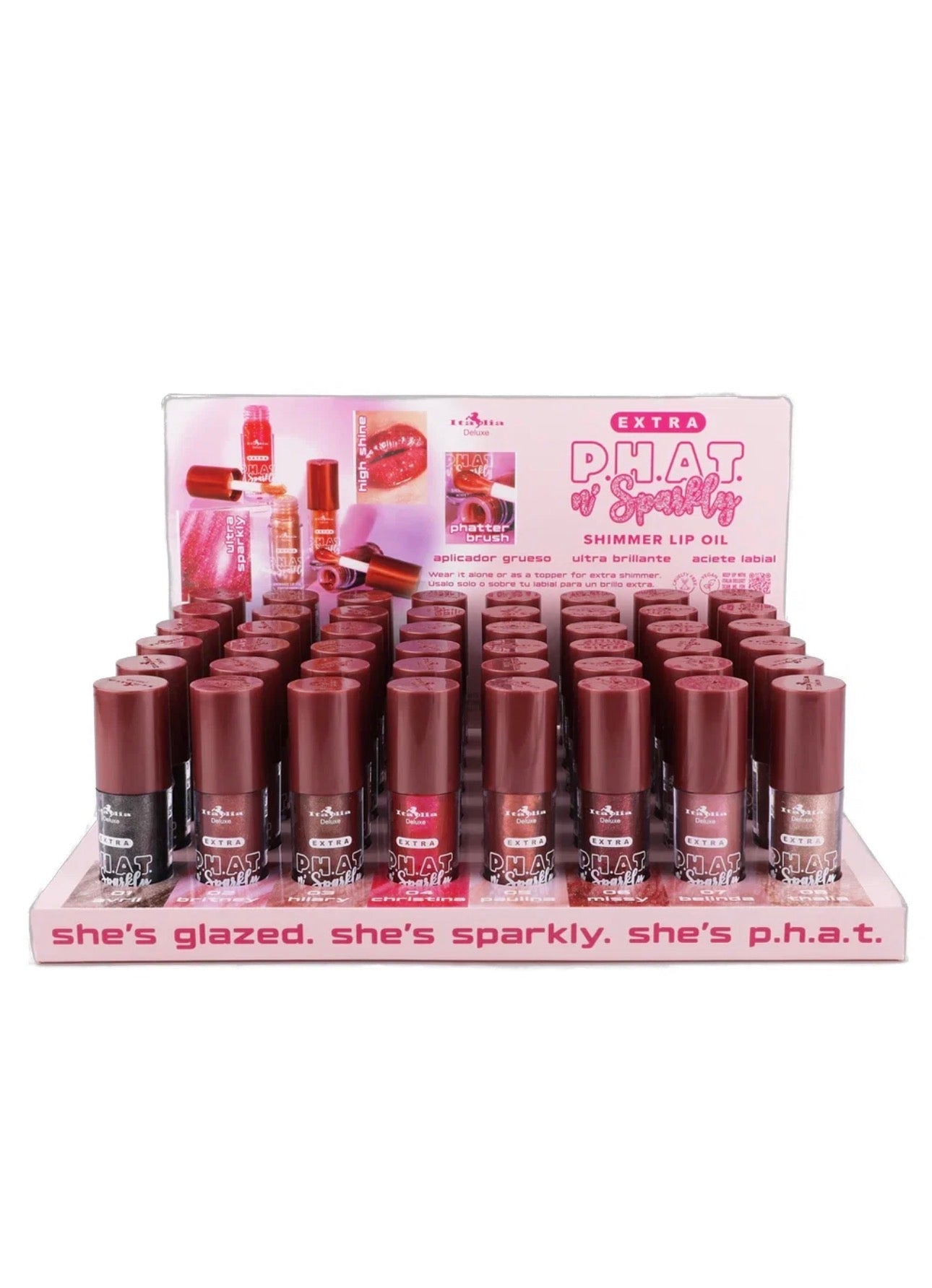 Italia Deluxe- Extra PHAT N SPARKLY SHIMMER LIP OIL DISPLAY 48pcs (1 display)