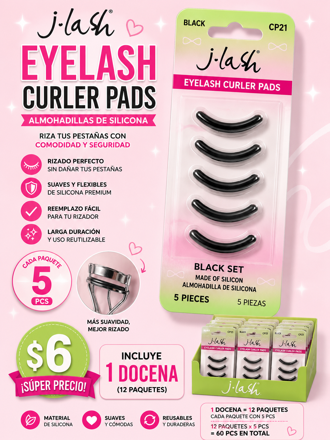 J LASH- EYELASH CURLER PADS BLACK (12 sets cada set viene con 5 pcs)