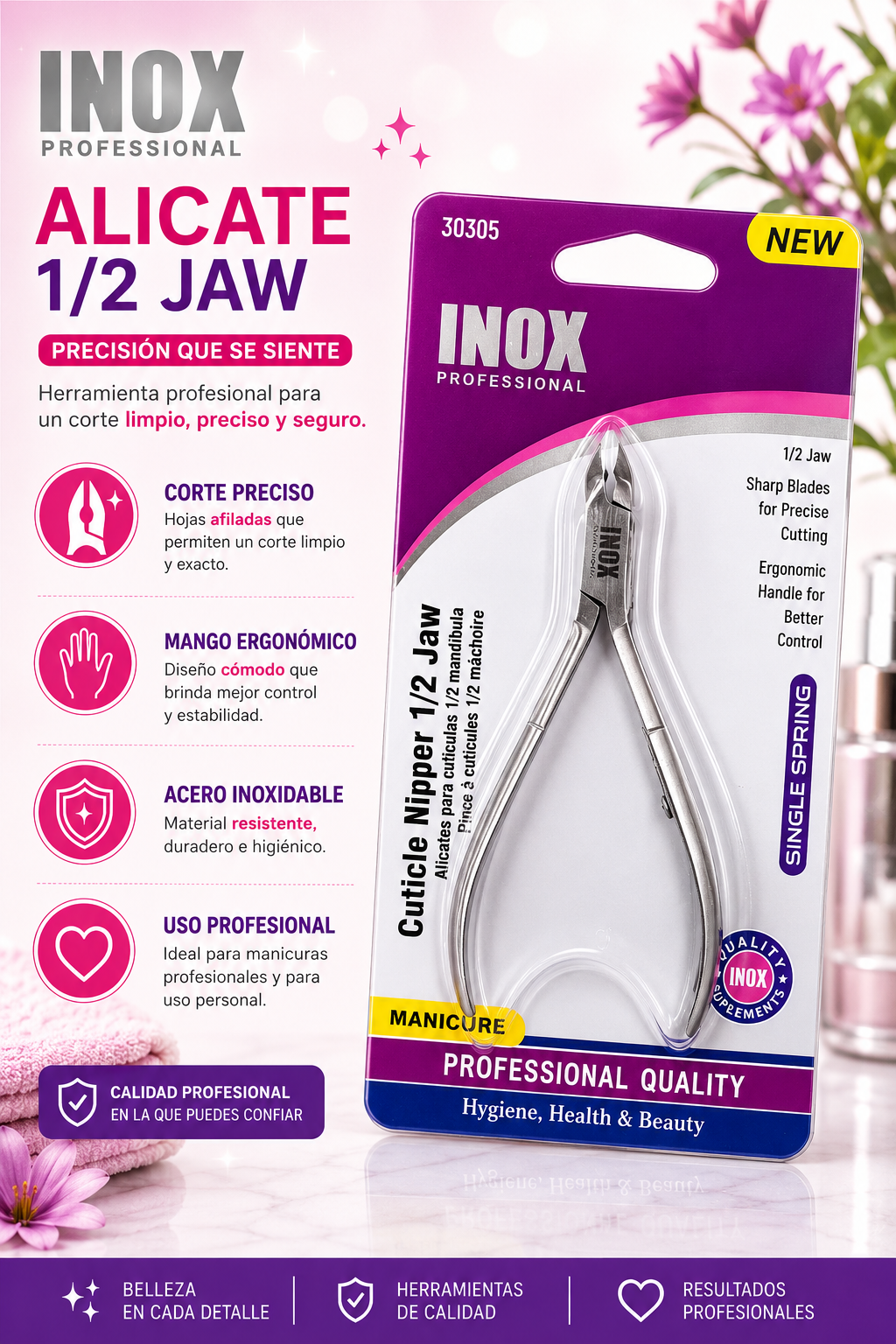 INOX- CUTICLE NIPPER 1/2 JAW SILVER (1pc)