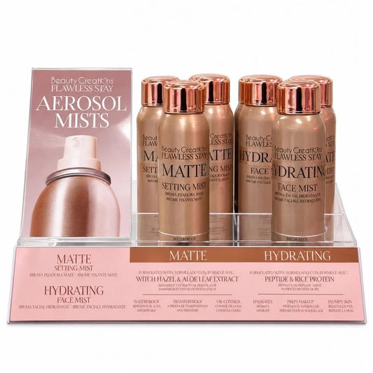 BEAUTY CREATIONS- FLAWLESS STAY AEROSOL MISTS - HYDRATING & MATTE DISPLAY