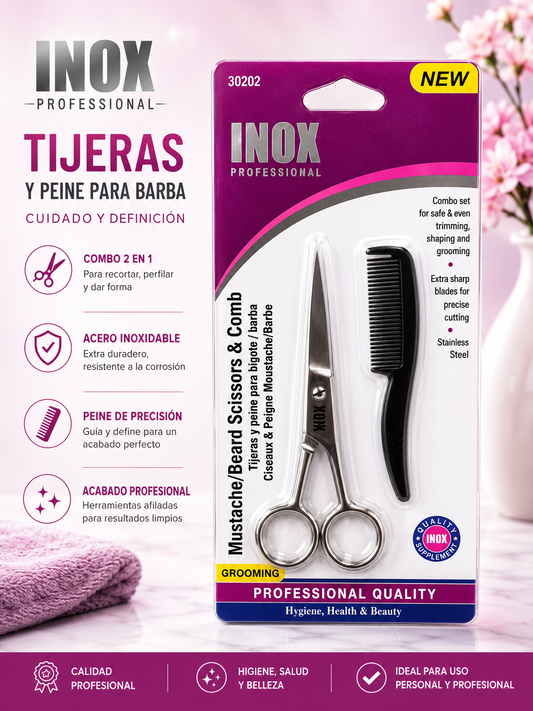 INOX- MUSTACHE/ BEARD SCISSORS & COMB (1pc)