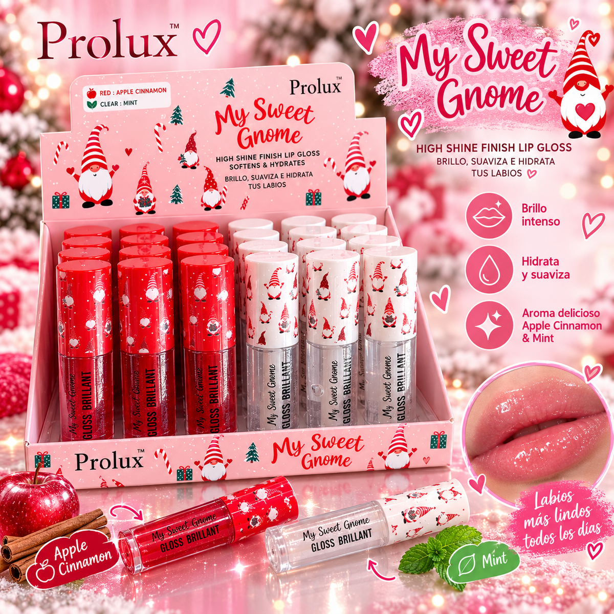 Prolux- My Sweet Gnome High Shine Finish Lip Gloss Softens & Hydrates Display 24pcs                (1 Display)